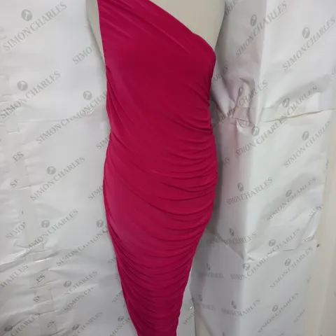 CLUB LONDON MATERNITY RUCHED ONE SHOULDER MIDI DRESS IN HOT PINK SIZE 10