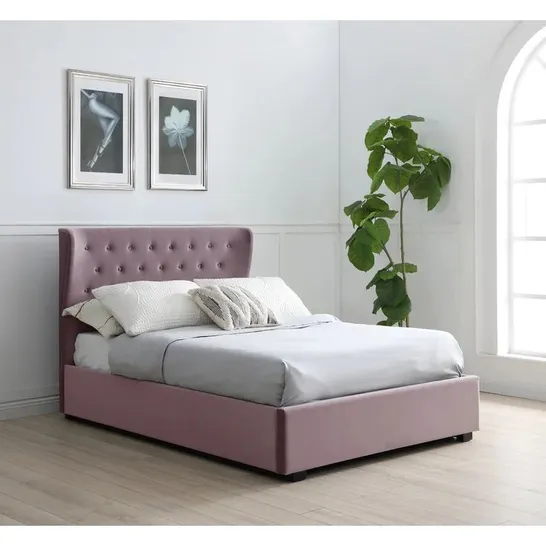 BOXED HEREFORD UPHOLSTERED OTTOMAN BED IN HEATHER VELVET - 2 BOXES