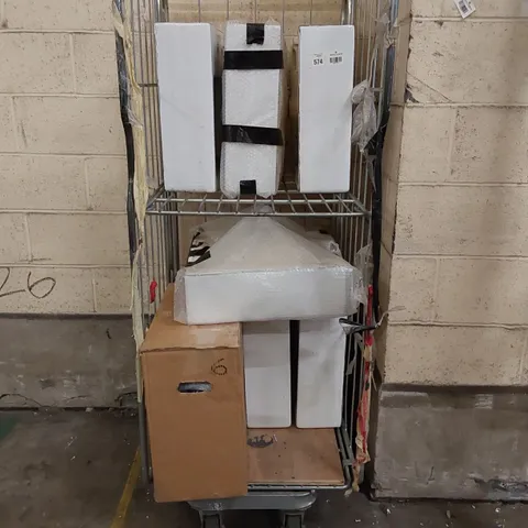 CAGE CONTAINING 6 WHITE CERAMIC SINKS AND 1X BOXED CERAMIC WHITE CISTERN (CAGE NOT INCLUDED)
