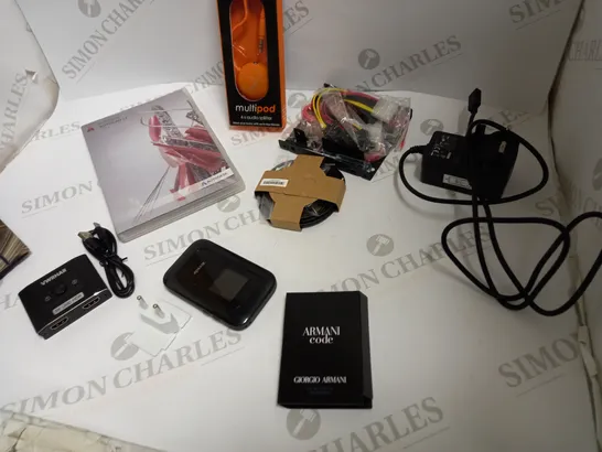 ASSORTED BOX OF TECHNOLOGICAL GADGETS INCLUDING - EARPHONES, AUDIO SPLITTER, HARD DRIVE MOUNTING KIT