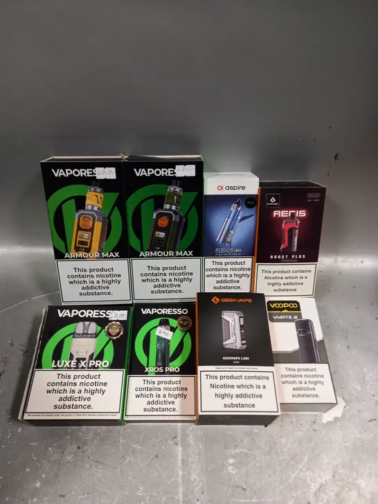 APPROXIMATELY 20 ASSORTED E-CIGARETTE PRODUCTS/ACCESSORIES TO INCLUDE VOOPOO, ASPIRE, VAPORESSO ETC 