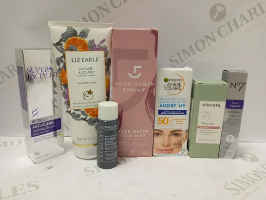 LOT OF APPROX 7 ASSORTED SKINCARE PRODUCTS TO INCLUDE GOOD HUMAN SKINCARE ROSE WATER FACE MIST, SUPER FACIALIST RESTORING SERUM, NO7 EYE CREAM, ETC 