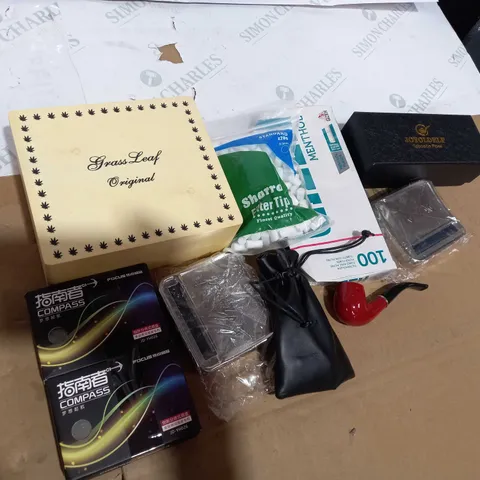 BOX OF ASSORTED TOBACOO ITEMS TOO INCLUDE PIPES AND SMOKING BOXES 