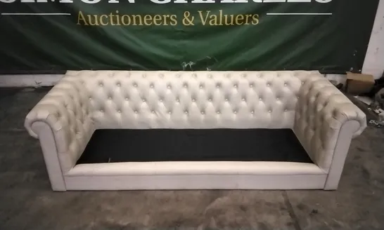 DESIGNER OFF WHITE LEATHER CHESTERFIELD STYLE 3 SEATER SOFA (CUSHIONS MISSING)