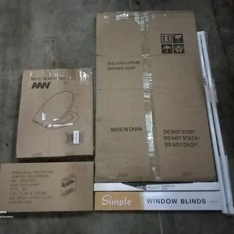 PALLET OF ASSORTED ITEMS INCLUDING WINDOW BLINDS, ALUMINIUM FRAME WHITE BOARD, SLIM END TABLE, MUTE SEAT COVER, RABBITGOO WINDOW FILM, CURTAIN RODS