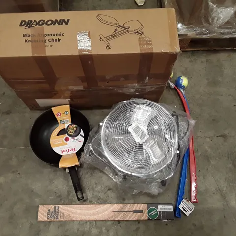 PALLET OF APPROXIMATELY ASSORTED HOUSEHOLD & ELECTRICAL ITEMS INCLUDING ERGONOMIC KNEELING CHAIR, EXTRA LONG WOODEN SPATULA, FLOOR FAN, TEFAL REFRY PAN, BALL LAUNCHER