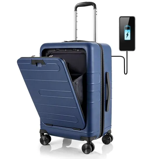 BOXED COSTWAY 20'' CARRY-ON LUGGAGE PC HARDSIDE SUITCASE TSA LOCK WITH FRONT POCKET & USB PORT NAVY