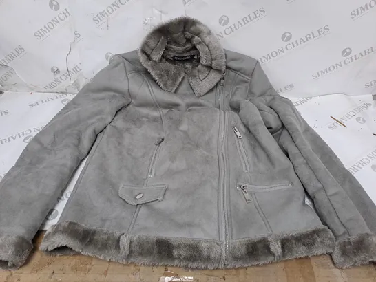 NINA LEONARD ZIP UP FUR HOODED COAT IN GREY - SMALL