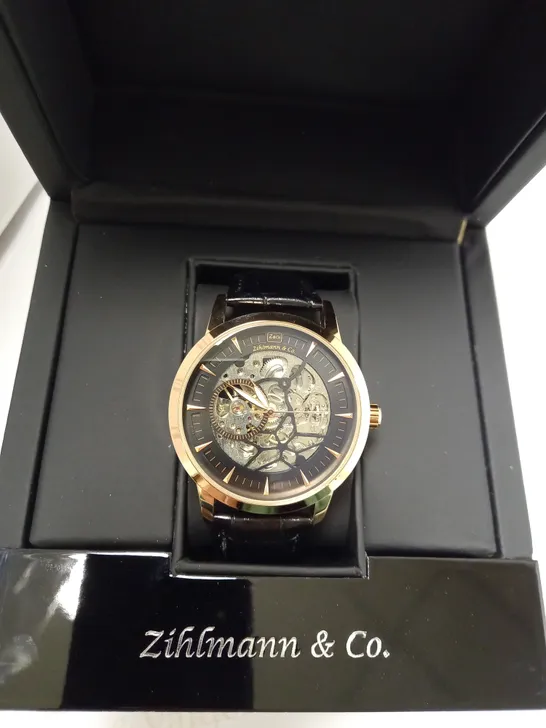 ZIHLMANN & CO GOLD EFFECT SKELETON BLACK LEATHER STRAP WRISTWATCH