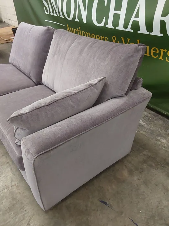 DESIGNER CORNER SOFA PIECE UPHOLSTERED IN LILAC FABRIC WITH CUSHIONS - INCOMPLETE SOFA PIECE