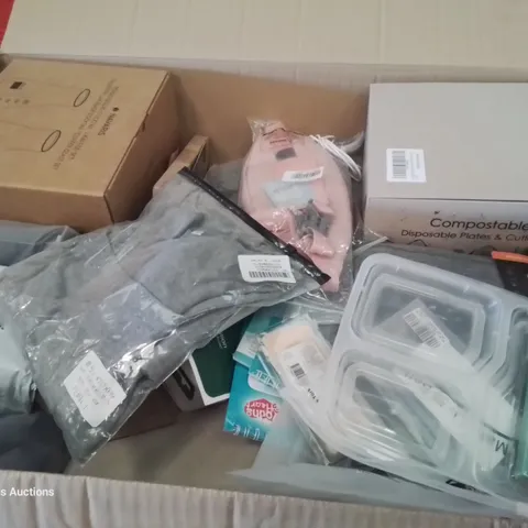 PALLET OF 6  BOXES OF ASSORTED PRODUCTS, INCLUDING, DISPOSABLE PLATES & CUTLERY SET, WAX MELT KITS, COFFEE GLASS SET, MAKE UP BAGS, BIKE PHONE HOLDER.SHOES & CLOTHING