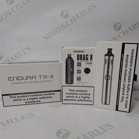 APPROXIMATELY 10 ASSORTED E-CIGARETTE PRODUCTS TO INCLUDE INNOKIN ENDURA T18-X. INNOKIN T20 S, VOOPOO DRAG X 