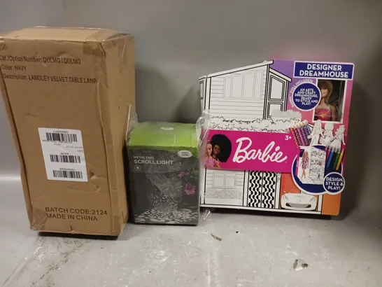 BOX OF APPROX 5 ASSORTED ITEMS TO INCLUDE - BARBIE DESIGNER HOUSE , SCROLL LIGHT , VELVET TABLE LAMP ETC