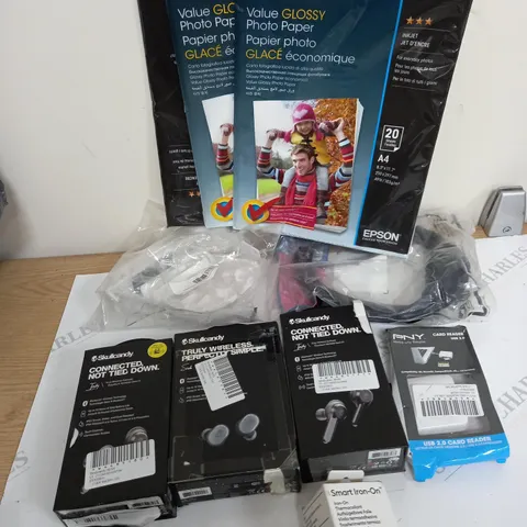 APPRROXIMETELY 8 ASSORTED ELECTRICAL ITEMS INCLUDING, SKULLCANDY WIRELESS EARPHONES, EPSON PHOTO PAPER