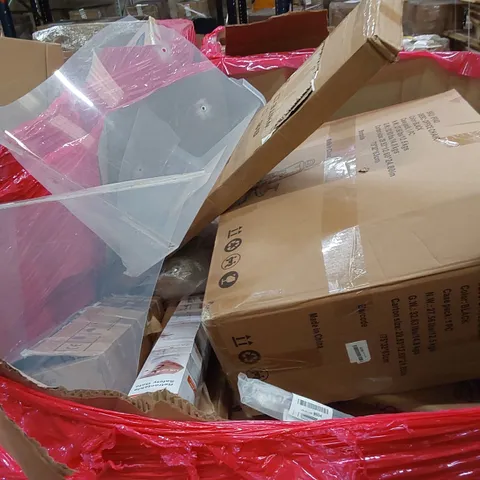 LARGE PALLET OF ASSORTED HOUSEHOLD PRODUCTS TO INCLUDE; BLACK OFFICE CHAIR, WALL CLOCK, RETRACTABLE SAFETY GATE, TOILET SEATS AND PLAYPEN