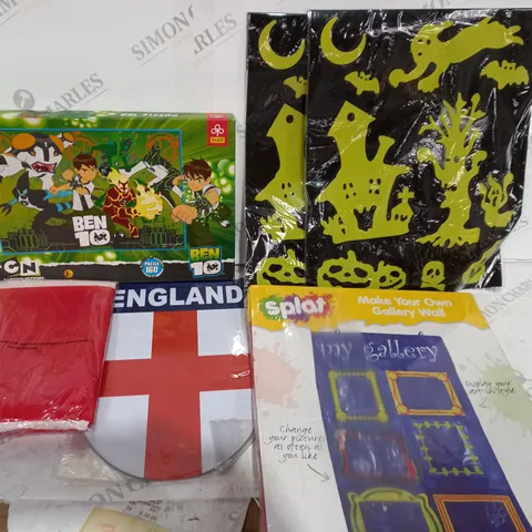 BOX OF APPROXIMATELY 10 ITEMS TO INCLUDE BEN 10 PUZZLE, ENGLAND MAGNETS, ART WALL 