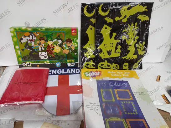 BOX OF APPROXIMATELY 10 ITEMS TO INCLUDE BEN 10 PUZZLE, ENGLAND MAGNETS, ART WALL 