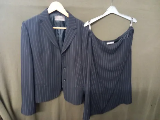 JAEGER BLACK PIN STRIPE SUIT JACKET AND SKIRT - UK 14