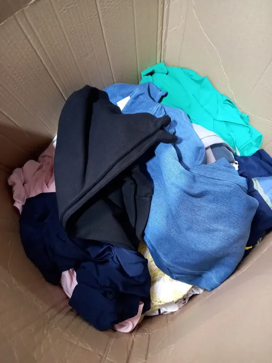 BOX OF ASSORTED CLOTHING TO INCLUDE: DRESSES, TOPS AND TROUSERS