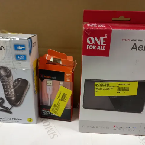 BOX OF APPROXIMATELY 20 ASSORTED HOUSEHOLD ITEMS TO INCLUDE ONE FOR ALL AMPLIFIED HDTV AERIAL, ONN LANDLINE PHONE, BLACKWEB USB CABLE, ETC