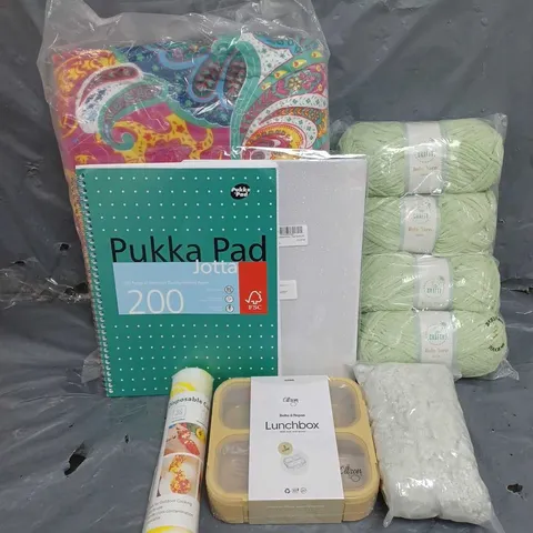 BOX OF APPROXIMATELY 10 ASSORTED ITEMS TO INCLUDE - SO CRAFT BABY YARN IN GREEN - PUKKA NOTEPAD - CITRON LUNCHBOX - ETC