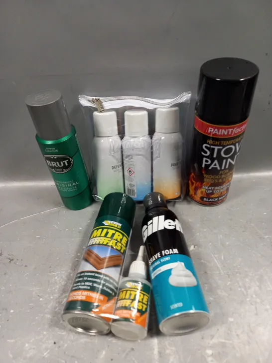 APPROXIMATELY 15 ASSORTED AEROSOLS TO INCLUDE GILLETTE SHAVING FOAM, STOVE PAINT, BRUT BODYSPRAY ETC - COLLECTION ONLY 