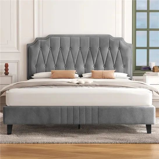 BOXED YAHEETECH UPHOLSTERED BED FRAME WITH HEIGHT ADJUSTABLE HEADBOARD - GREY // SIZE: 4'6" DOUBLE (2 BOXES)