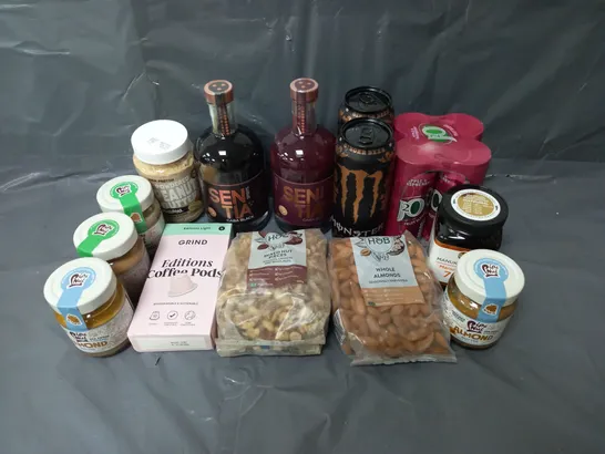 APPROXIMATELY 10 ASSORTED FOOD & DRINK ITEMS TO INCLUDE -  PIP & NUT ALMOND BUTTER - SENTIA GABA RED SPIRIT - H&B WHOLE ALMONDS - ETC - COLLECTION ONLY