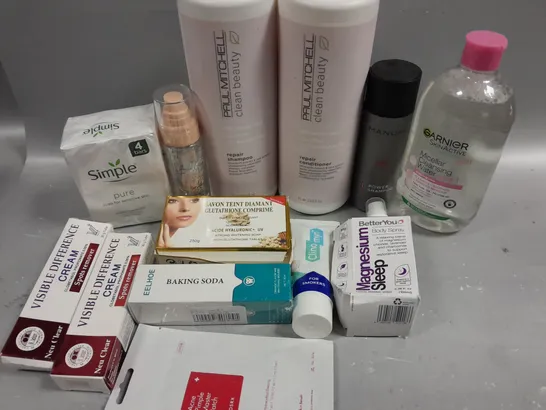 BOX OF APPROXIMATELY 12 COSMETIC ITEMS TO INCLUDE REPAIR SHAMPOO, 4 SOAP BARS, GARNIER CLEANSING WATER, ETC