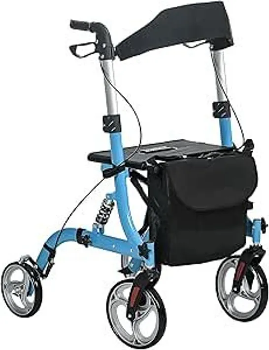 BOXED HOMCOM 4 WHEEL ROLLATOR WITH SEAT AND BACK, LIGHTWEIGHT FOLDING MOBILITY WALKER WITH LARGE WHEELS, CARRY BAG, ADJUSTABLE HEIGHT, ALUMINIUM WALKING FRAME WITH DUAL BRAKES FOR SENIORS, BLUE