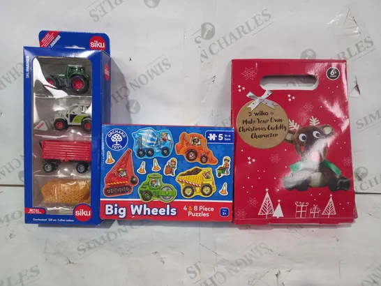 BOX OF APPROXIAMTELY 20 ASSORTED TOYS AND GAMES TO INCLUDE ORCHARD TOYS BIG WHEELS PUZZLES, MAKE YOUR OWN CRISTMAS CUDDLY CHARACTER, SIKU FARM GIFT SET, ETC