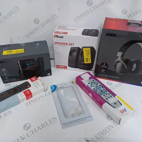 BOX OF APPROX 15 ASSORTED ITEMS TO INCLUDE ASDATECH DAB/FM RADIO, ONE FOR ALL UNIVERSAL REMOTE, SKY REMOTE