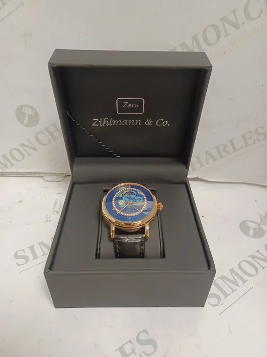 MENS ZIHLMANN & CO AUTOMATIC WATCH – Z150 – MOONPHASE DIAL – GLASS EXHIBITION BACKCASE - SILVER COLOUR CASE – BLACK LEATHER STRAP