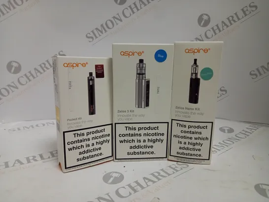 APPROXIMATELY 20 ASSORTED BOXED ASPIRE VAPING PRODUCTS TO INCLUDE ZELOS 3 KIT, ZELOS NANO KIT, POCKEX KIT ETC. 