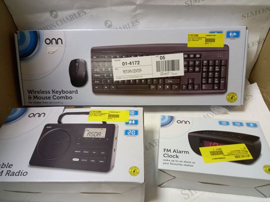 LOT OF APPROX 10 ASSORTED ONN ITEMS TO INCLUDE SILENT WIRELESS KEYBOARD AND MOUSE, ONN ALARM CLOCK, ONN PORTABLE RADIO