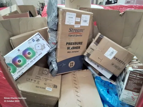 MIXED PALLET CONTAINING VARIOUS BOXED HOUSEHOLD ITEMS TO INCLUDE, CAMPING CHAIR, PRESSURE WASHER, COFFEE MACHINE, ALL IN ONE CPU LIQUID COOLER ETC.