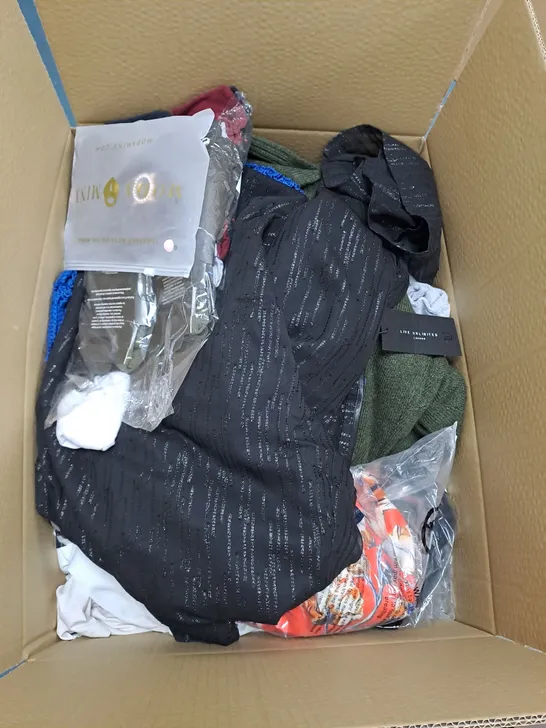 BOX OF APPROX. 40 ASSORTED CLOTHING VARYING IN SIZE/COLOUR/STYLE TO INCLUDE:  TOPS, JEANS, JUMPERS