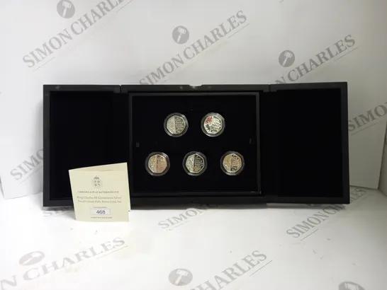 BOXED KING CHARLES III CORONATION SILVER PROOF COLOUR FIFTY PENCE COIN SET LIMITED EDITION WITH CASE