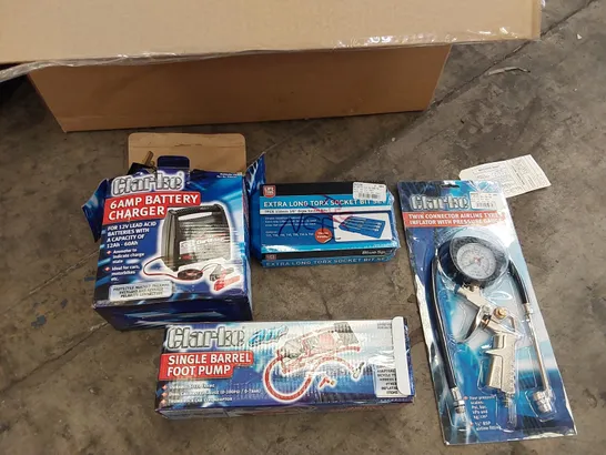 BOX OF ASSORTED TOOLS TO INCLUDE: 6AMP BATTERY CHARGER, SINGLE BARREL FOOTPUMP, EXTRA LONG TORCH SOCKET BIT SET, TWIN CONNECTOR AIRLINE TYRE INFLATOR WITH PRESSURE GAUGE ECT