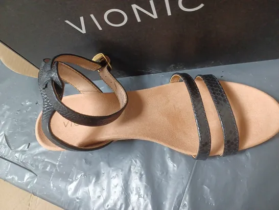 BOXED PAIR OF BLACK WEDGE HEEL SANDALS SIZE UNSPECIFIED