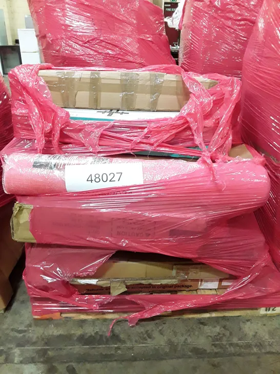 PALLET OF ASSORTED PRODUCTS INCLUDING TV STAND FOR 40"-70" SCREEN, FIBER GLASS RENDER MESH, 3' SINGLE BED