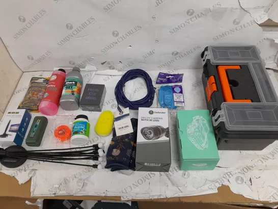 BOX OF APPROXIMATELY 20 ASSORTED HOUSEHOLD ITEMS TO INCLUDE HDTV ANTENNA, FREAK OR DRINK CARD GAME, AND TOOL STATION ETC.