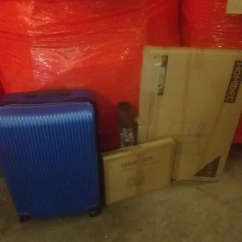 PALLET OF ASSORTED ITEMS INCLUDING SUIT CASE, SHOEBOX, FLOOR MAT, STUDY DESK