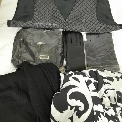 BOX OF APPROXIMATELY 20 ASSORTED CLOTHING ITEMS TO INCLUDE MOSS BROS WAISTCOAT, LEATHER GLOVES, BAG ETC