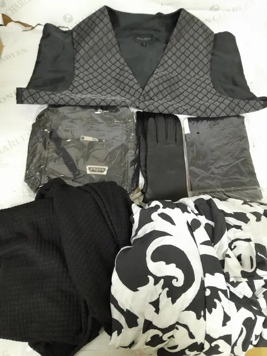 BOX OF APPROXIMATELY 20 ASSORTED CLOTHING ITEMS TO INCLUDE MOSS BROS WAISTCOAT, LEATHER GLOVES, BAG ETC