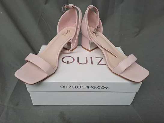 BOXED PAIR OF QUIZ BLOCK HEEL OPEN TOE SANDALS IN PINK SIZE 5