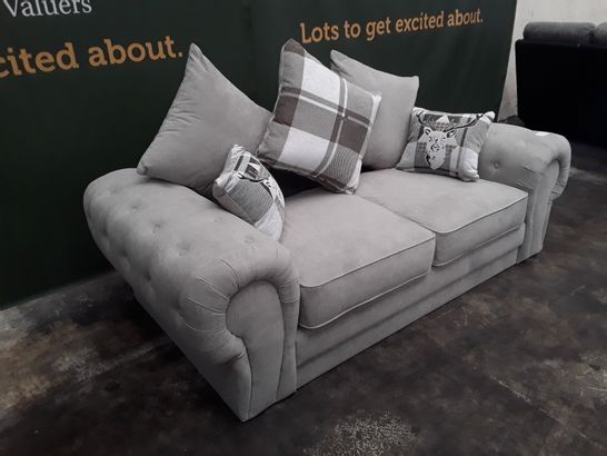 DESIGNER LIGHT GREY FABRIC TWO SEATER SOFA WITH SCATTER BACK CUSHIONS 