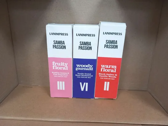 SEVEN ASSORTED BOXED LANIMPRESS SAMBA PASSION FRAGRANCES TO INCLUDE; FRUITY FLORAL, PERFUME GOURMAND AND WARM FLORAL