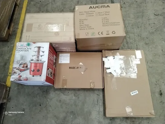 PALLET OF ASSORTED ITEMS INCLUDING AUCMA STAND MIXER, CASCADING CHOCOLATE FOUNTAIN, TRUNKI, LED NEON SIGN, TOWEL RACK, DR. OTEK METAL DETECTOR 