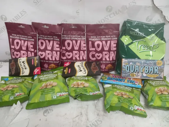 APPROXIMATELY 12 ASSORTED FOOD ITEMS TO INCLUDE ALESTO CALIFORNIAN PISTACHIOS (200g), THE QUAYBAR (100g)M LOVE CORN SMOKED BBQ (115g), ETC